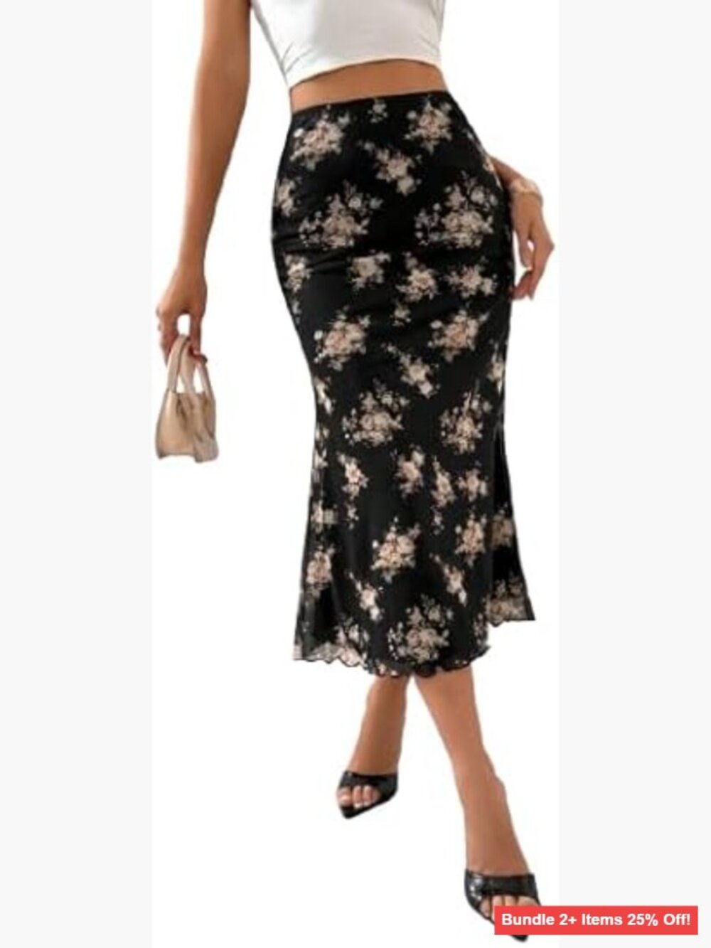 Women's Midi Skirt Elastic High Waist Mesh Fishtail Hem Floral Print